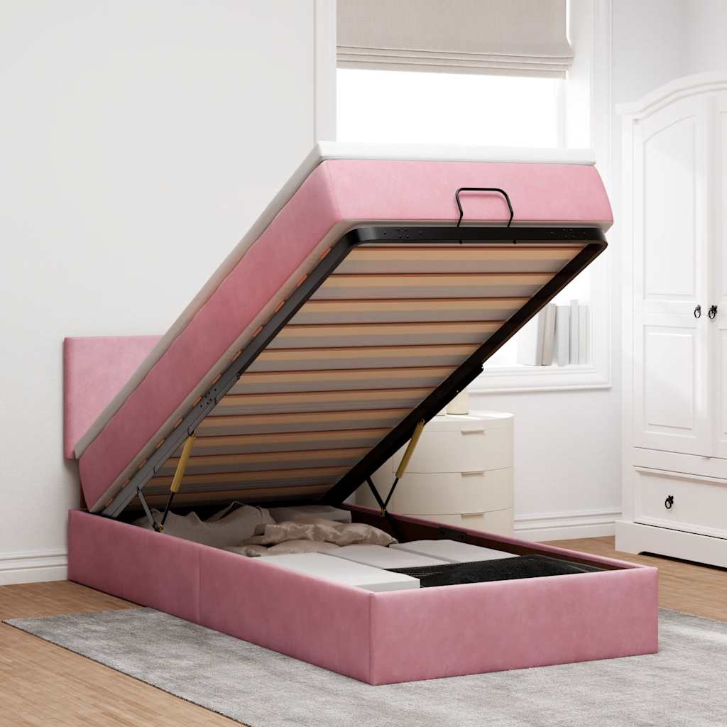 Estrutura de cama otomana com colchão 80x200 cm veludo rosa