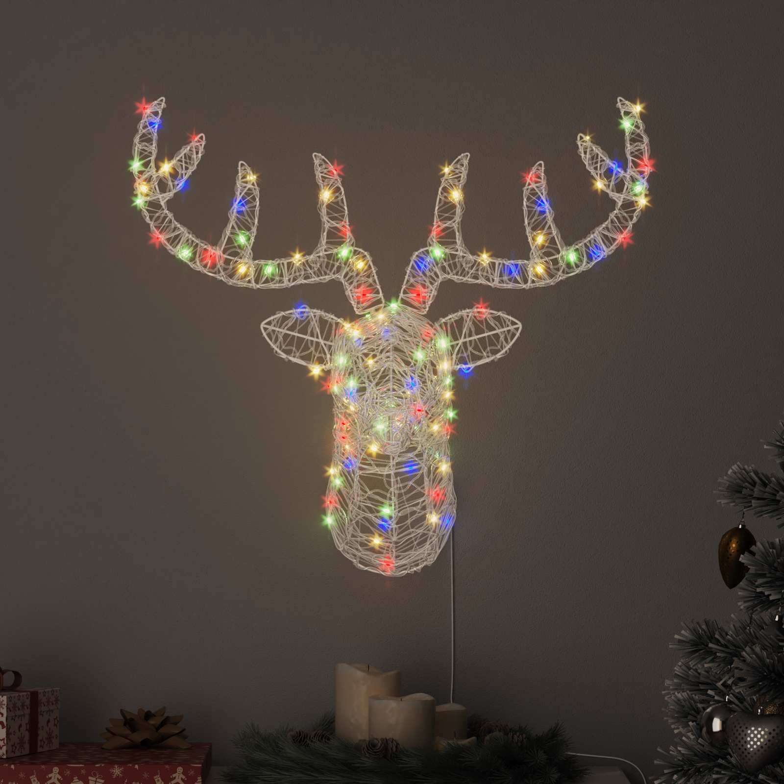 Cabeça de rena com 140 leds colorido 68 x 36,5 x 62,5 cm acrílo