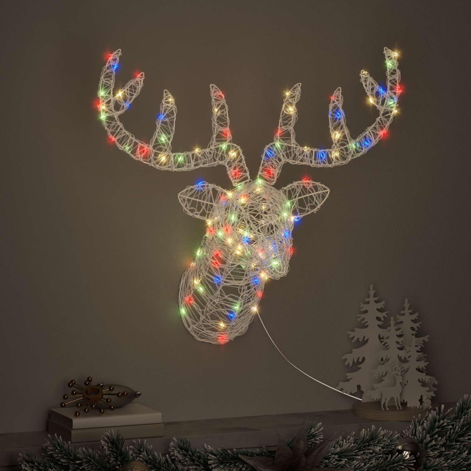 Cabeça de rena com 140 leds colorido 68 x 36,5 x 62,5 cm acrílo