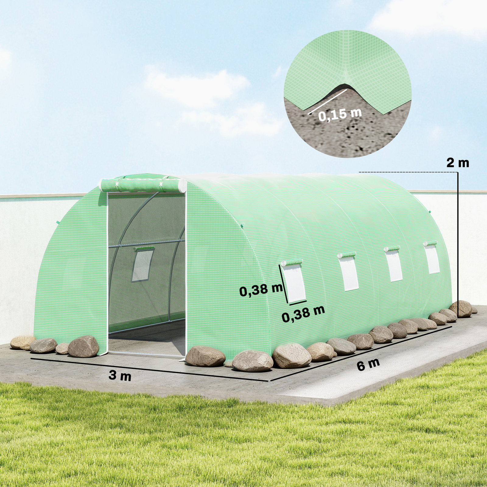 Estufa Tipo Túnel 6x3x2 m com Paredes Laterais Enroláveis 8 Janelas de Malha e Porta Enrolável com Fecho de Correr Verde
