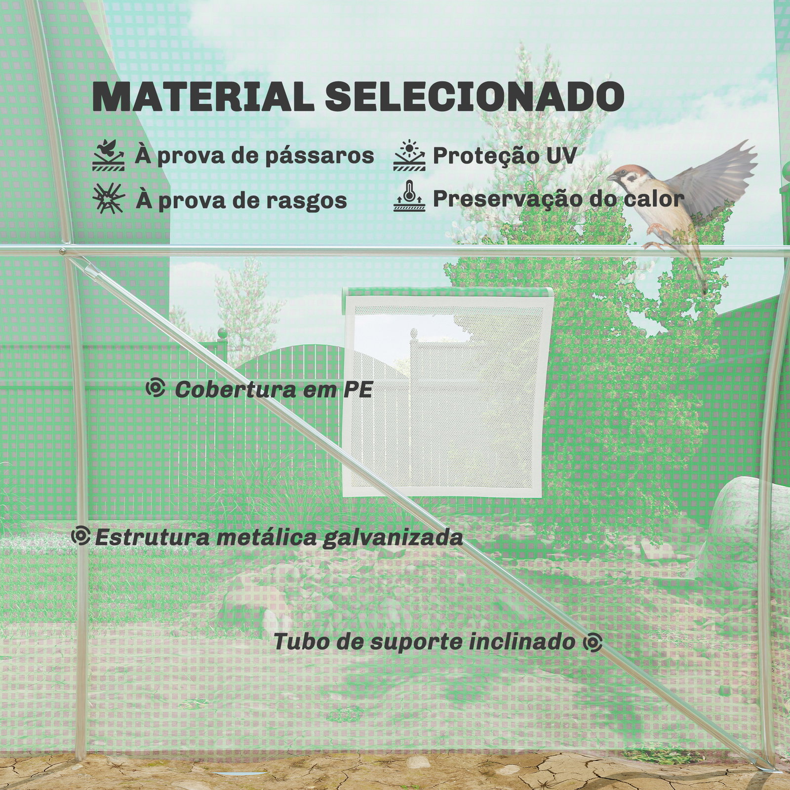 Estufa Tipo Túnel 6x3x2 m com Paredes Laterais Enroláveis 8 Janelas de Malha e Porta Enrolável com Fecho de Correr Verde
