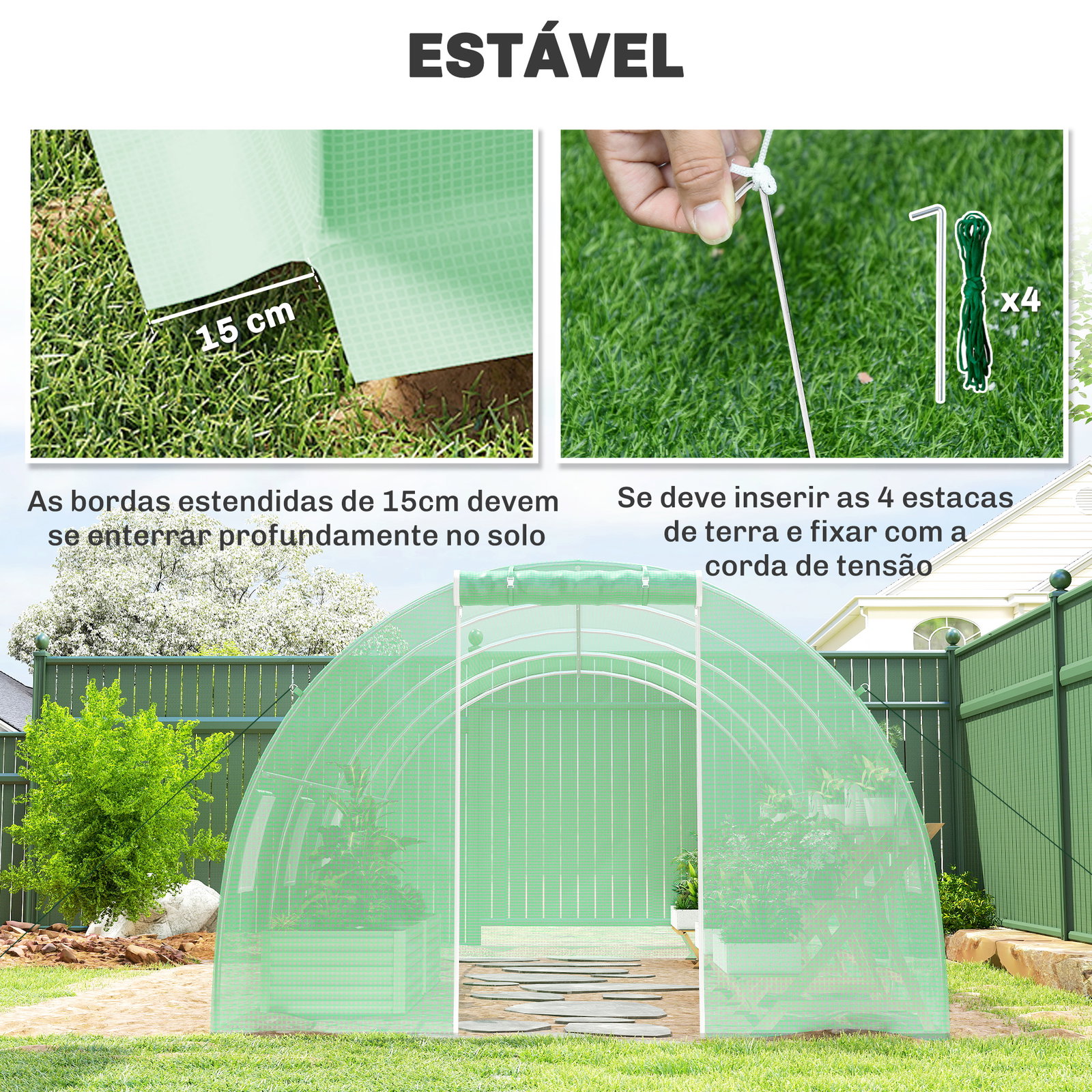 Estufa Tipo Túnel 6x3x2 m com Paredes Laterais Enroláveis 8 Janelas de Malha e Porta Enrolável com Fecho de Correr Verde