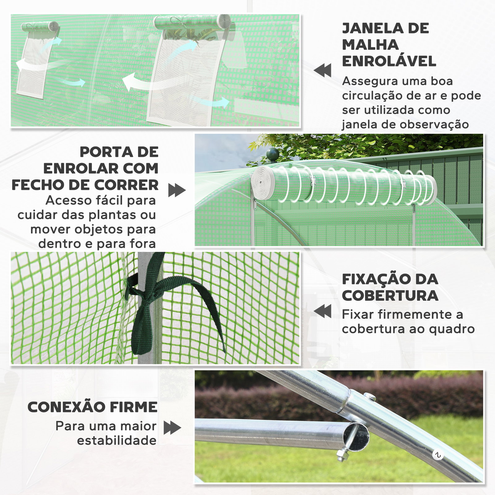 Estufa Tipo Túnel 6x3x2 m com Paredes Laterais Enroláveis 8 Janelas de Malha e Porta Enrolável com Fecho de Correr Verde