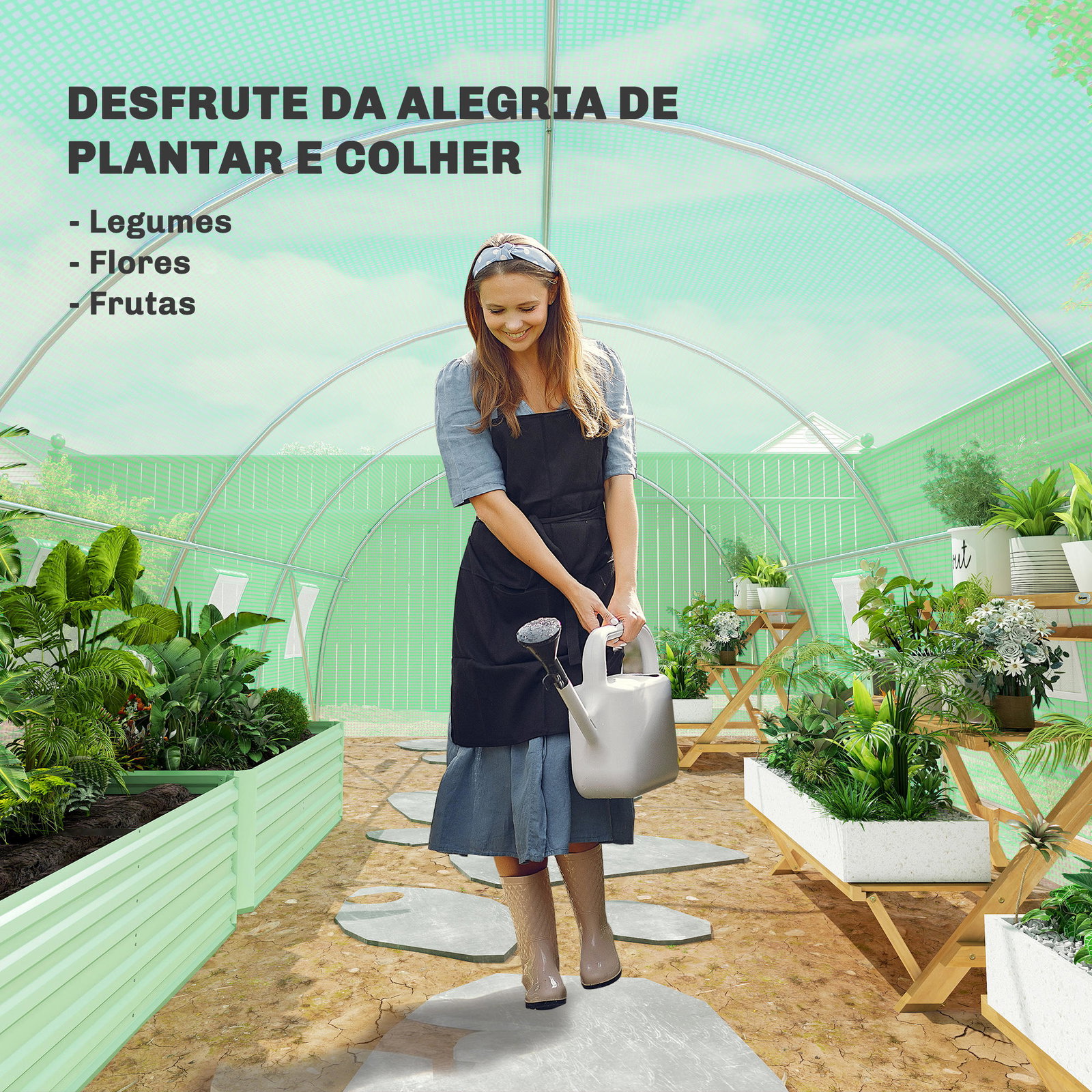 Estufa Tipo Túnel 6x3x2 m com Paredes Laterais Enroláveis 8 Janelas de Malha e Porta Enrolável com Fecho de Correr Verde