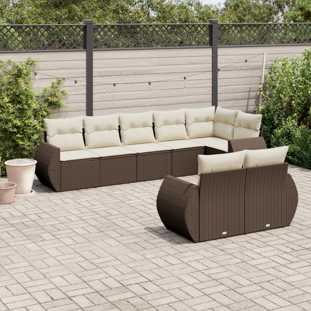 8 Pcs conjunto sofás de jardim c/ almofadões vime PE castanho