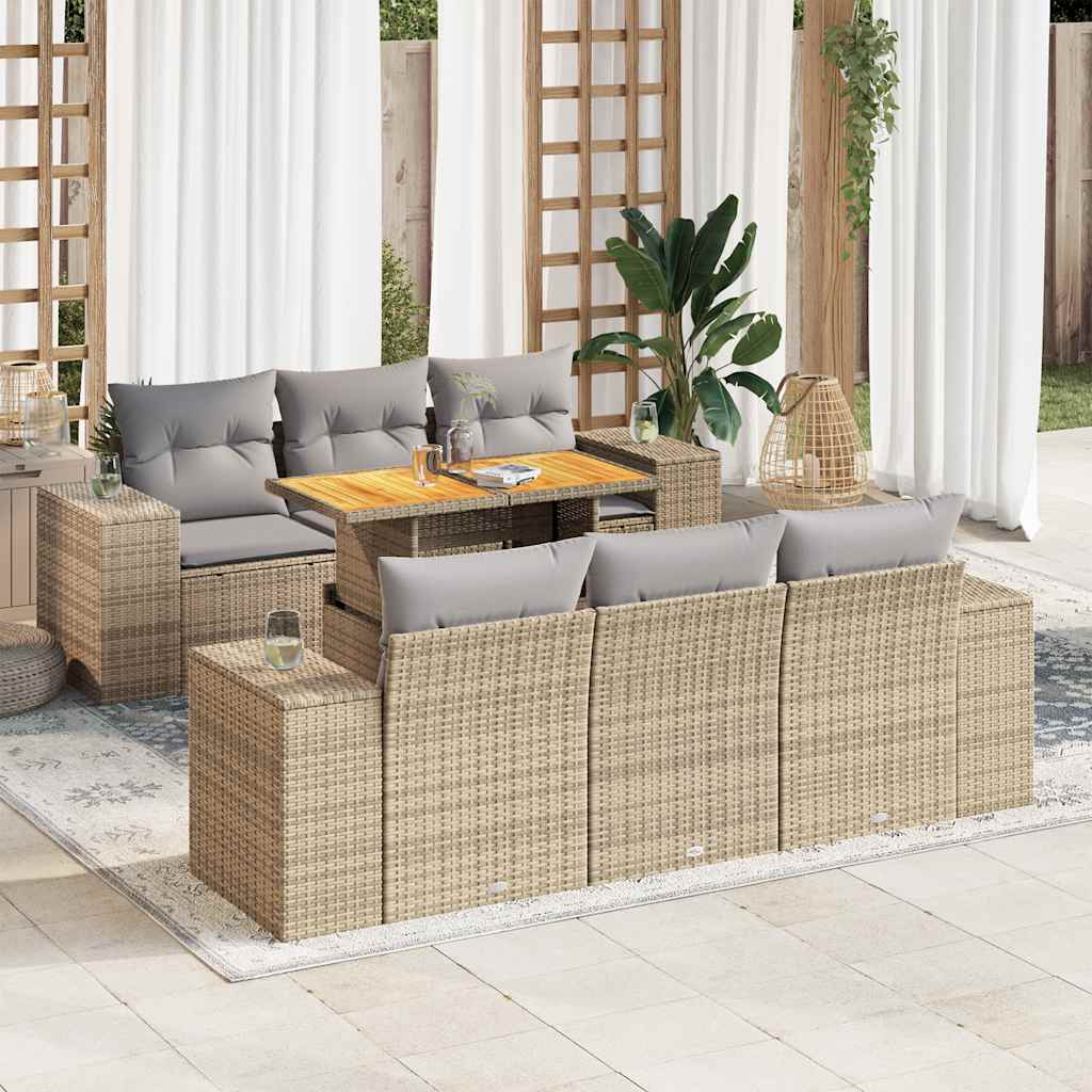 7 Pcs conjunto de sofás p/ jardim com almofadões vime PE bege