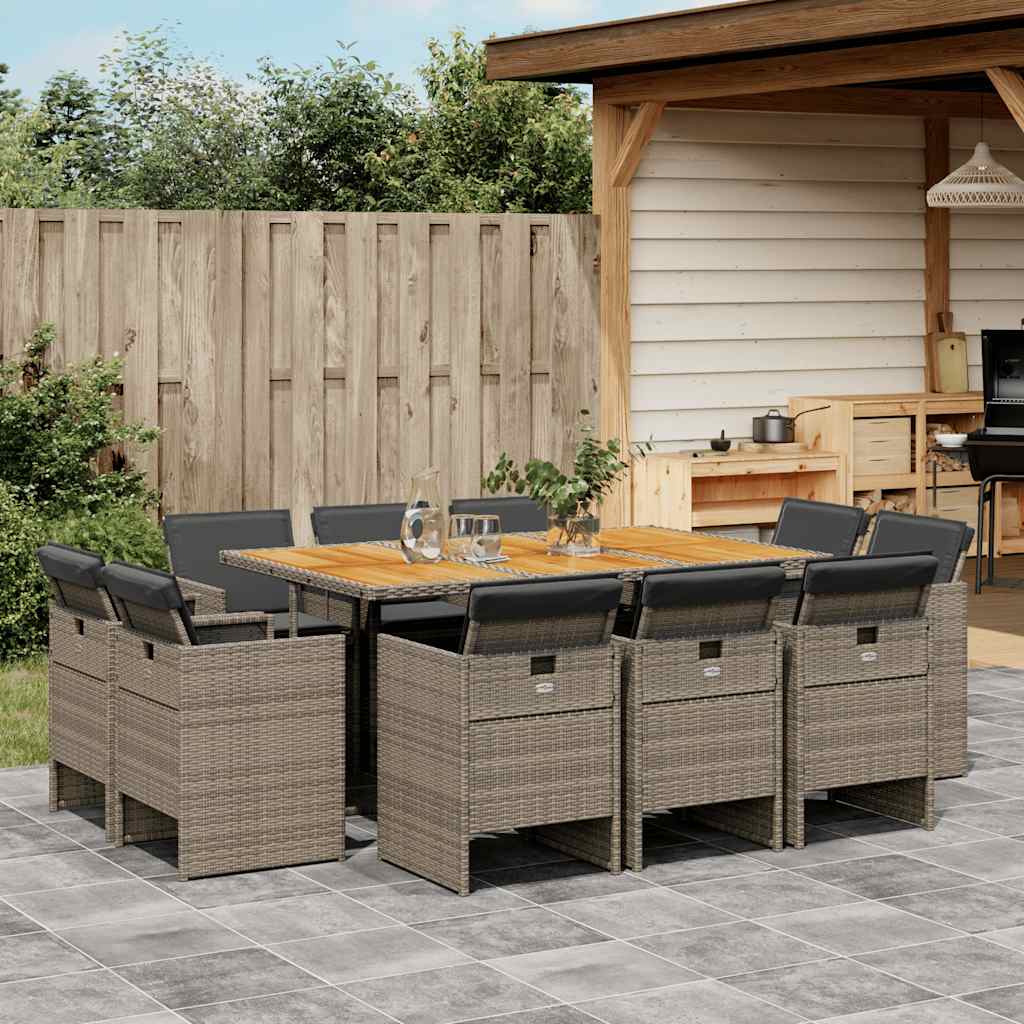 11 Pcs conjunto jantar p/ jardim c/ almofadões vime PE cinzento