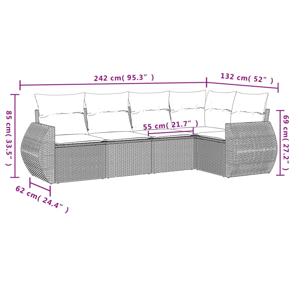 5 Pcs conjunto sofás p/ jardim c/ almofadões vime PE castanho