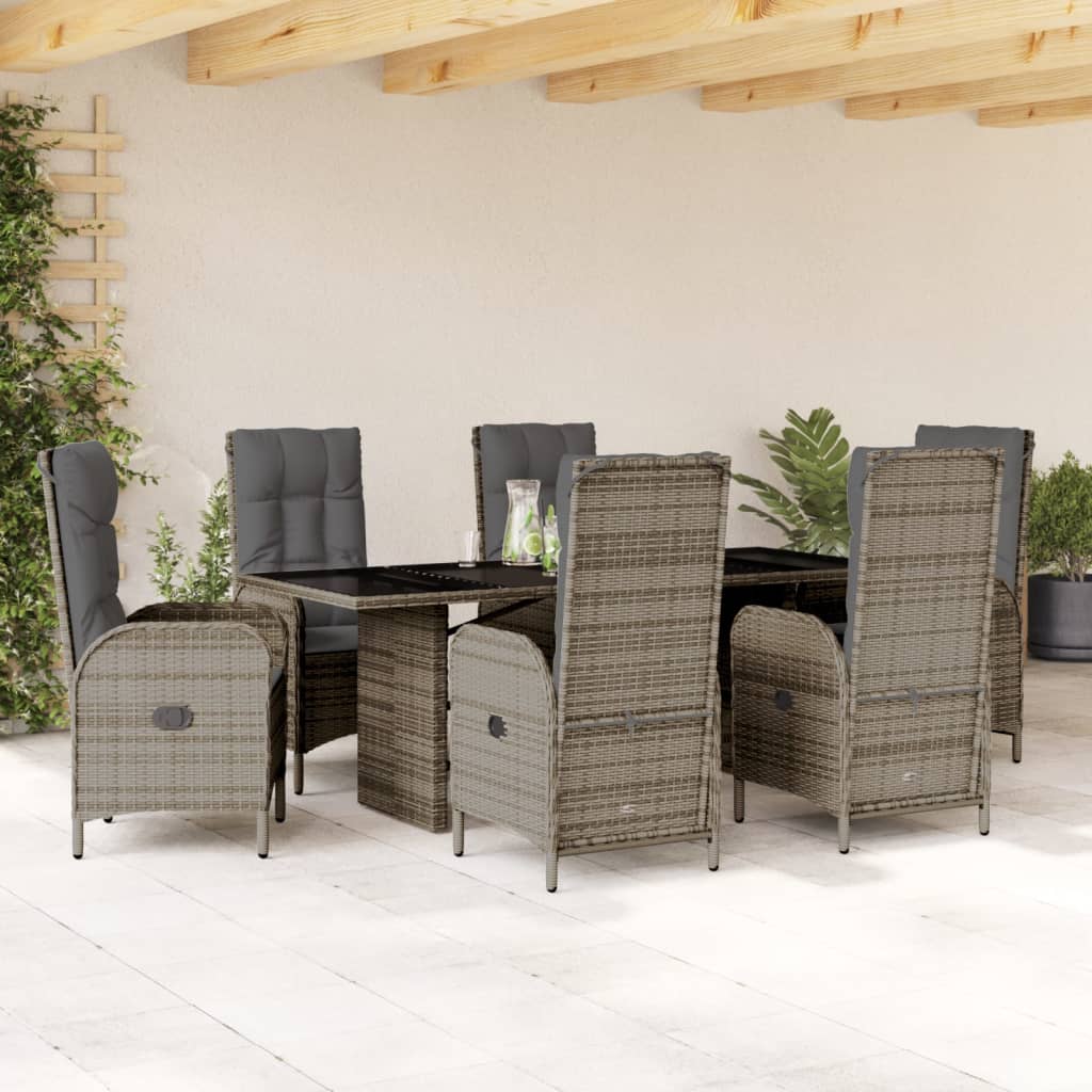 7 Pcs conjunto de jantar p/ jardim c/ almofadões vime PE cinza