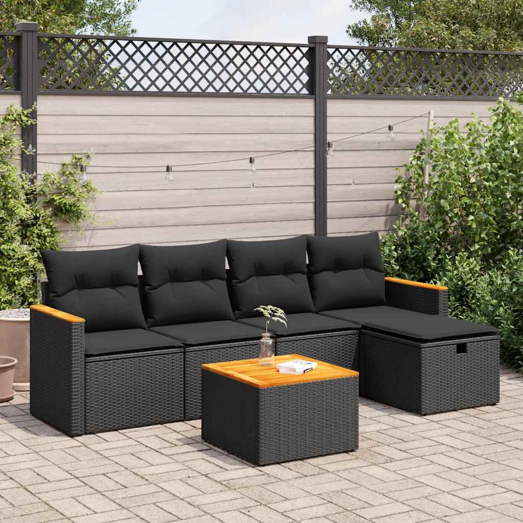 6 Pcs conjunto sofás de jardim c/ almofadões vime PE preto