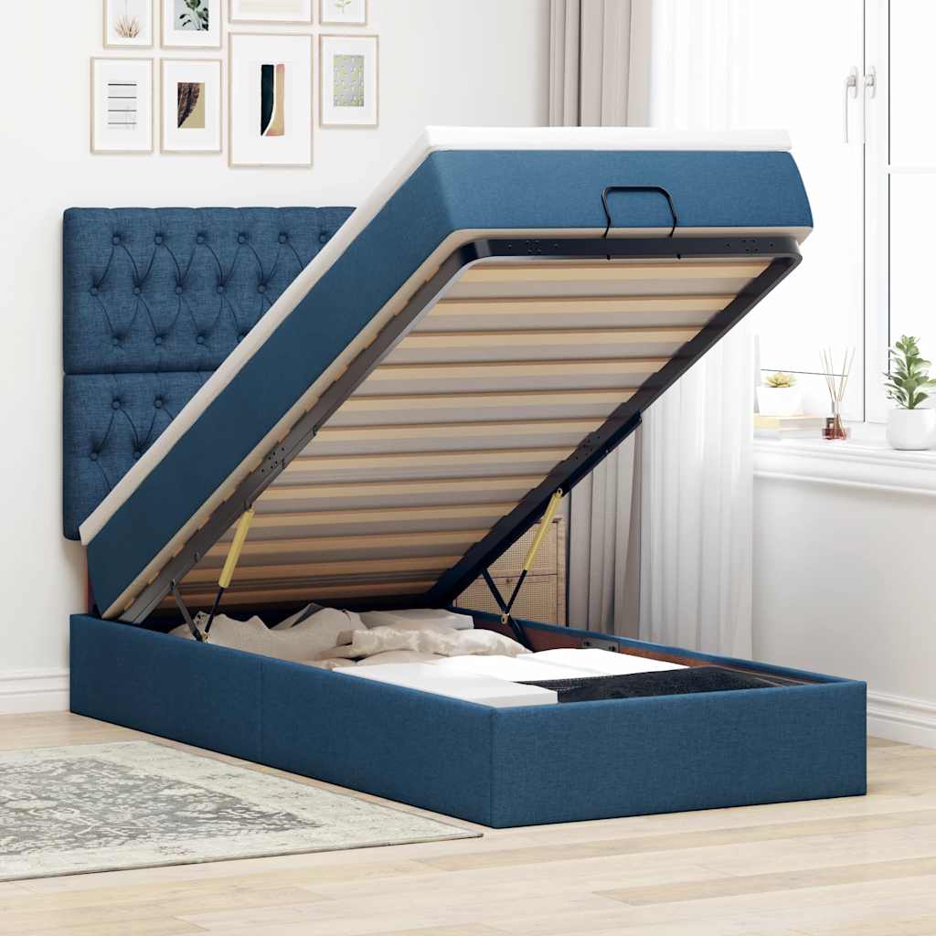 Cama otomana com colchão & leds tecido azul 90x200 cm