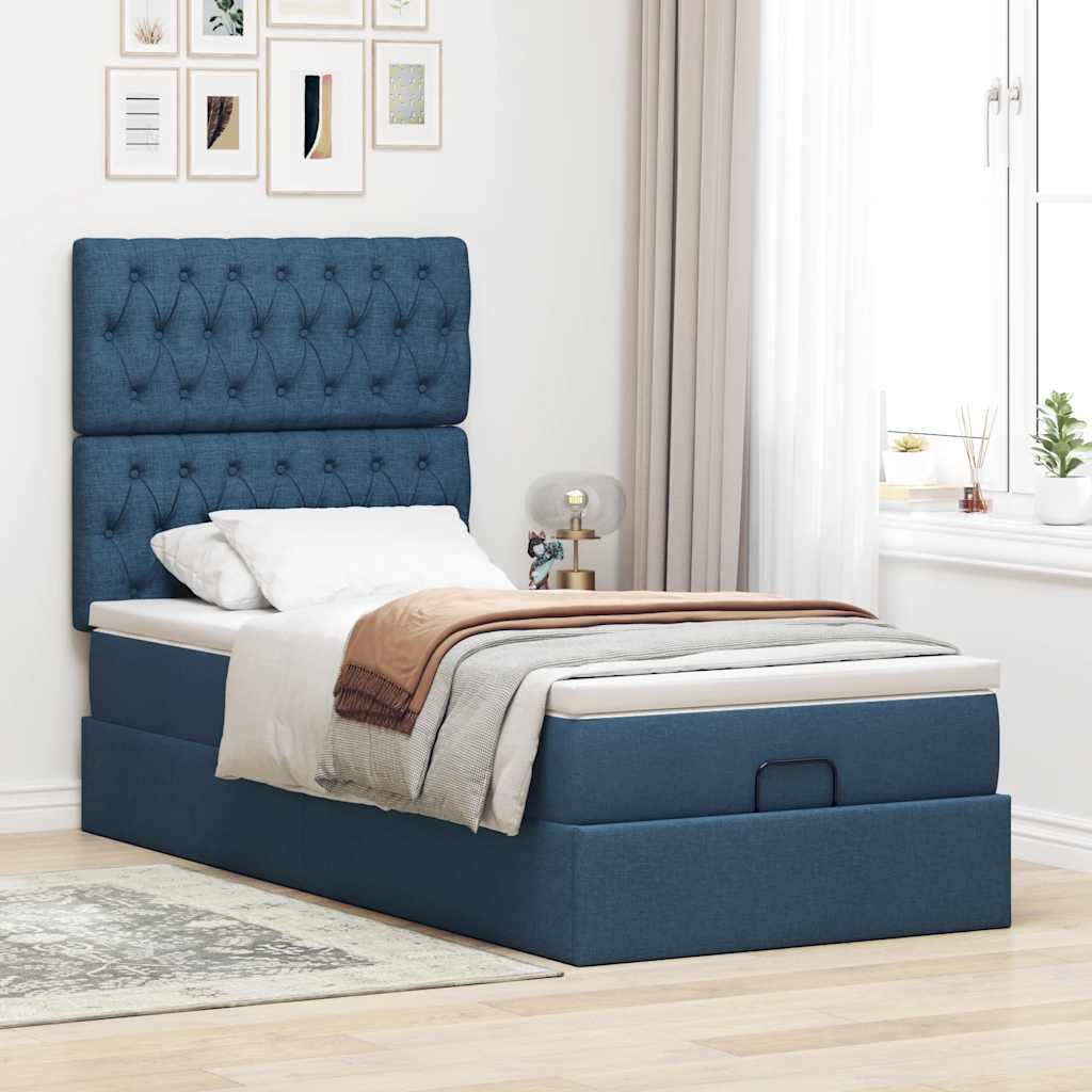 Cama otomana com colchão & leds tecido azul 90x200 cm