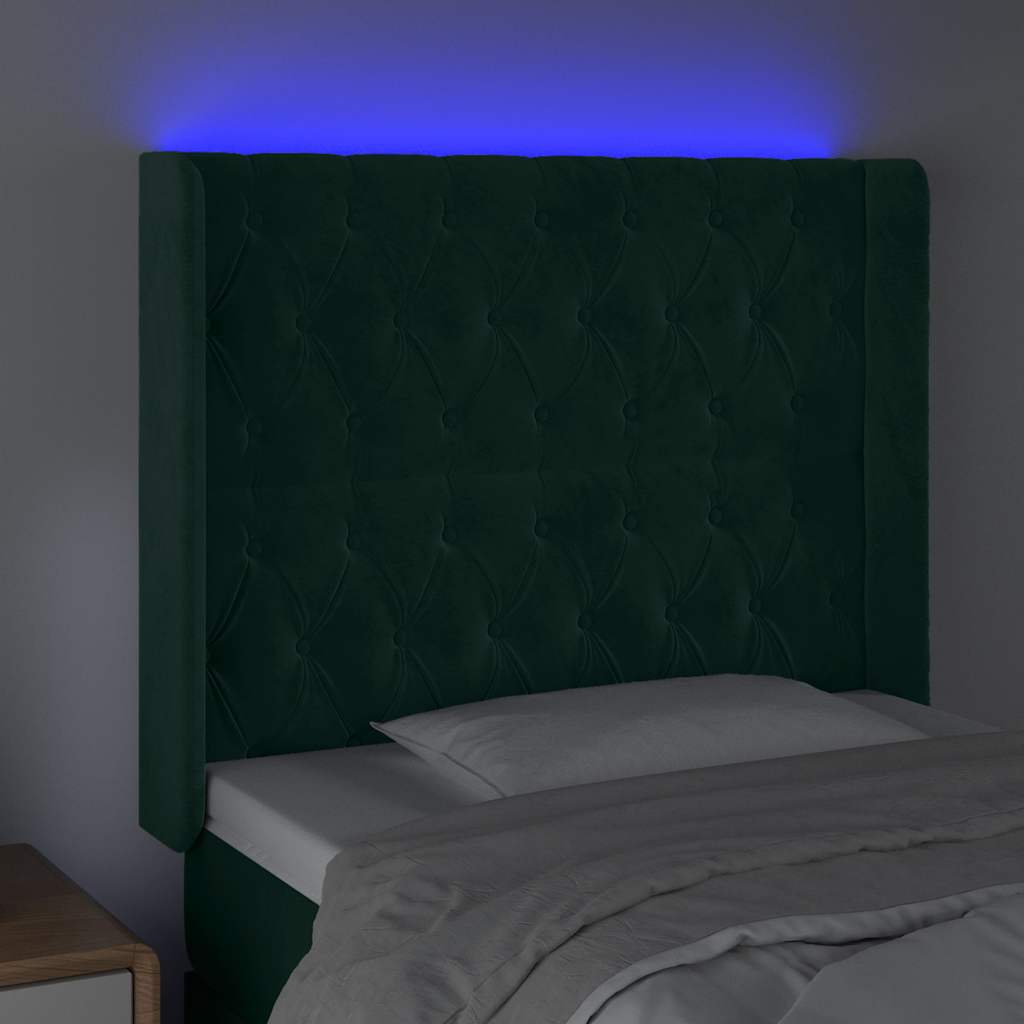 Cabeceira cama c/ luzes LED veludo 93x16x118/128cm verde-escuro
