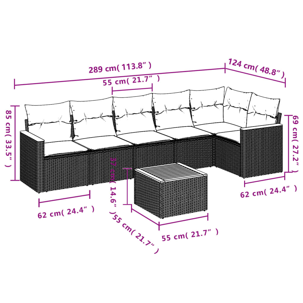 7 Pcs conjunto sofás p/ jardim c/ almofadões vime PE cinzento