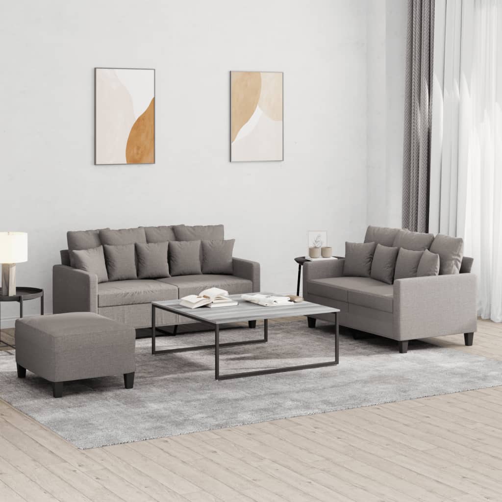 3 Pcs conjunto de sofás com almofadões tecido cinza-acastanhado