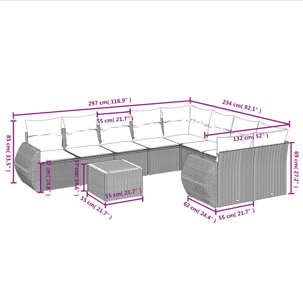 10 Pcs conjunto sofás de jardim c/ almofadões vime PE preto
