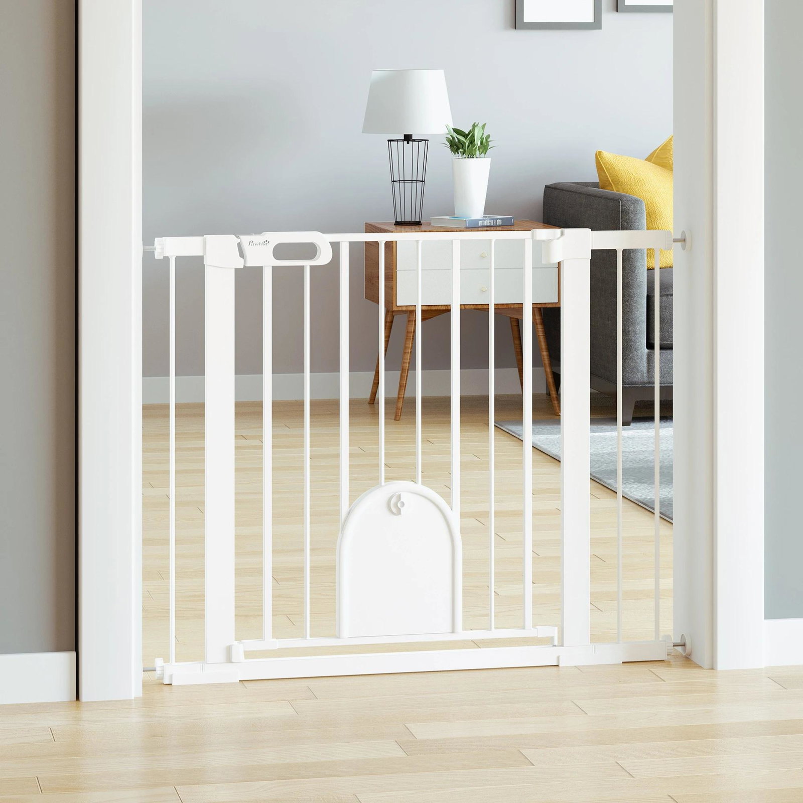 Barreira de Segurança de Cães Animais de Estimação para Escadas e Portas 75-103cm com 2 Extensões Fechamento Automático e Sistem
