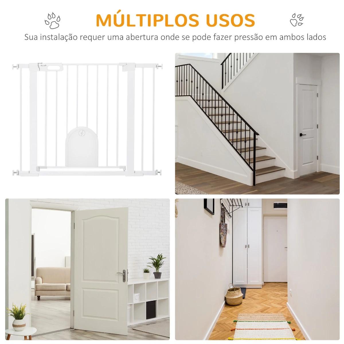 Barreira de Segurança de Cães Animais de Estimação para Escadas e Portas 75-103cm com 2 Extensões Fechamento Automático e Sistem