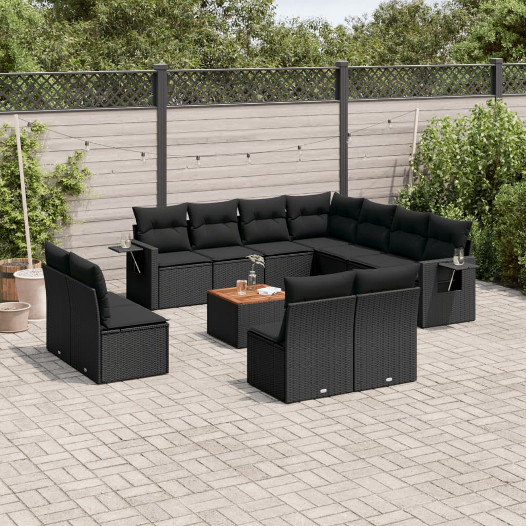 12 Pcs conjunto de sofás de jardim c/ almofadões vime PE preto