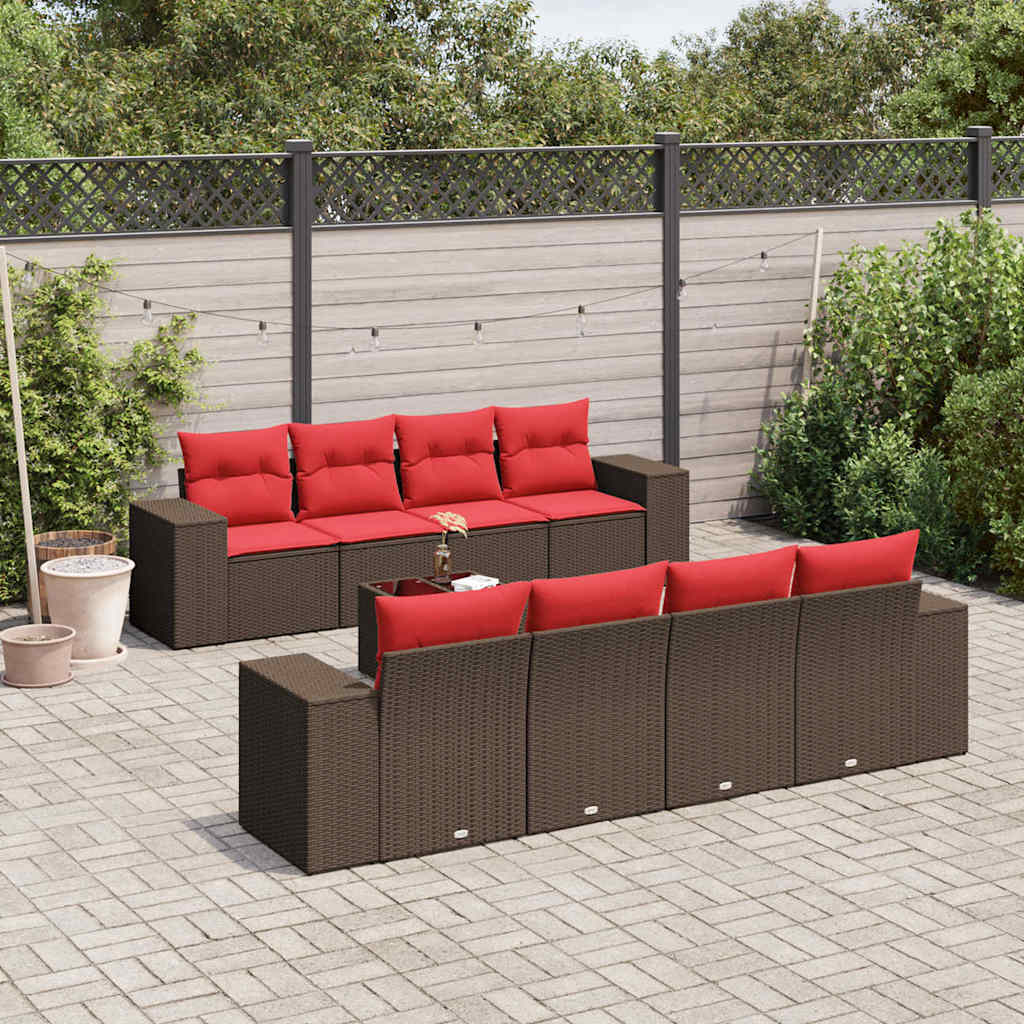 Conjunto de sofá de jardim com 9 peças e almofadas em rattan sintético marrom