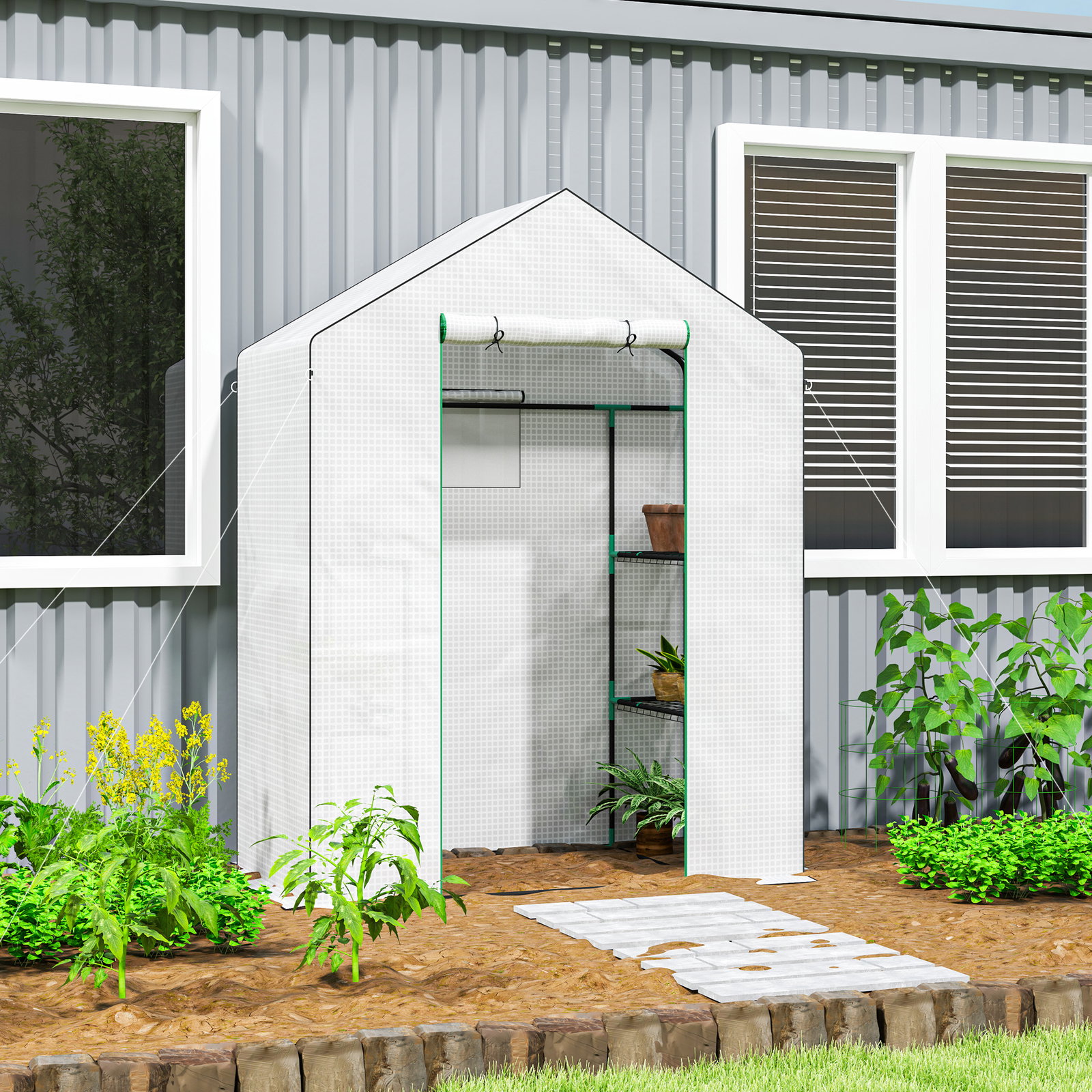 Estufa de jardim com 1 porta 2 janelas e prateleiras de 2 níveis em forma de u para cultivo de plantas 140x73x190 cm branco