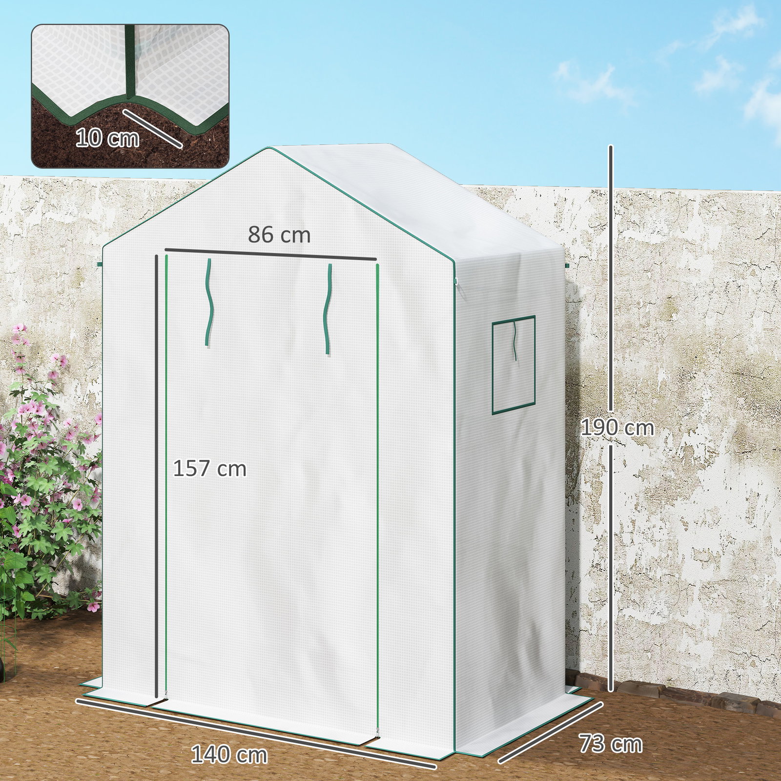 Estufa de jardim com 1 porta 2 janelas e prateleiras de 2 níveis em forma de u para cultivo de plantas 140x73x190 cm branco