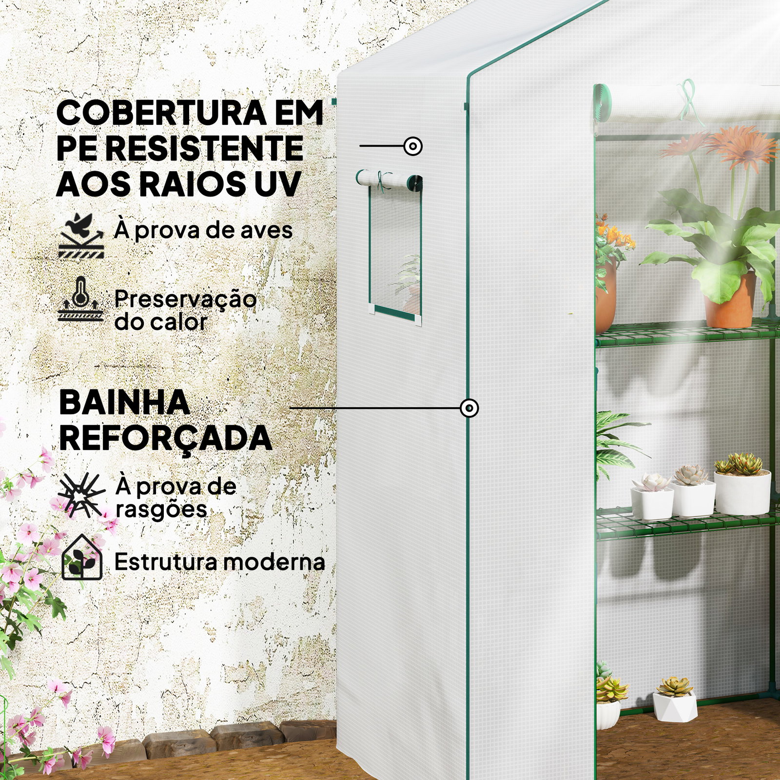 Estufa de jardim com 1 porta 2 janelas e prateleiras de 2 níveis em forma de u para cultivo de plantas 140x73x190 cm branco