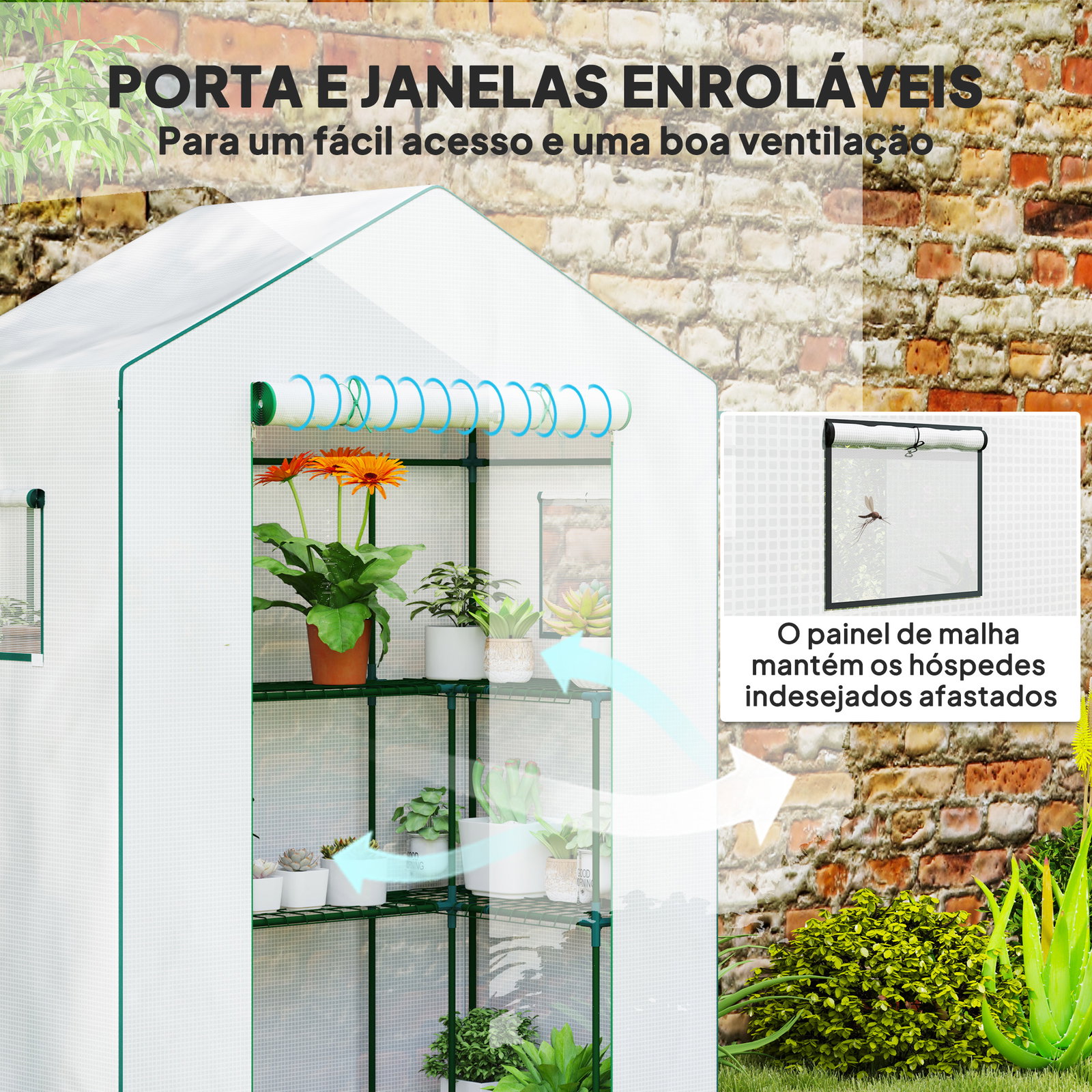 Estufa de jardim com 1 porta 2 janelas e prateleiras de 2 níveis em forma de u para cultivo de plantas 140x73x190 cm branco