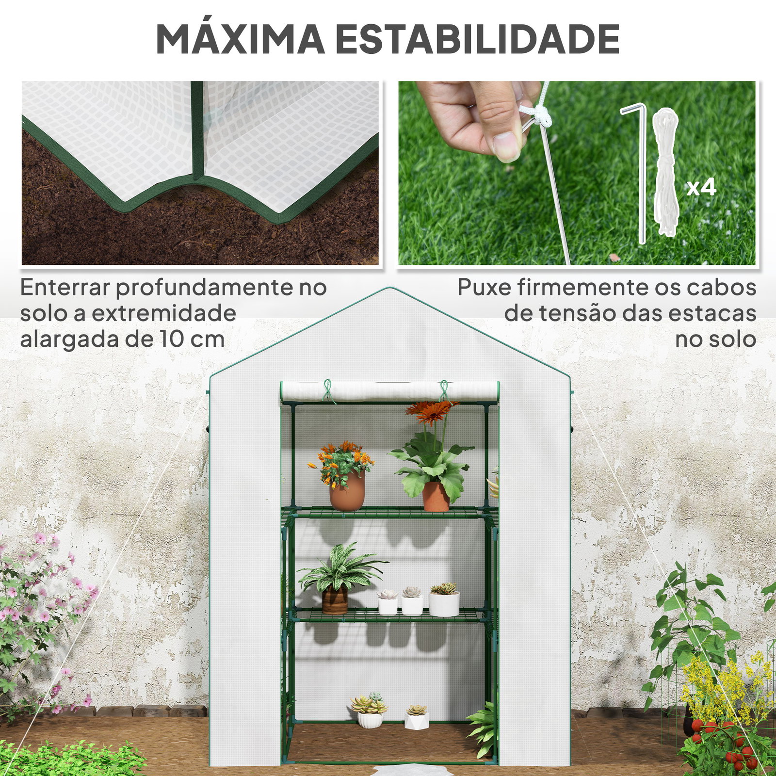 Estufa de jardim com 1 porta 2 janelas e prateleiras de 2 níveis em forma de u para cultivo de plantas 140x73x190 cm branco