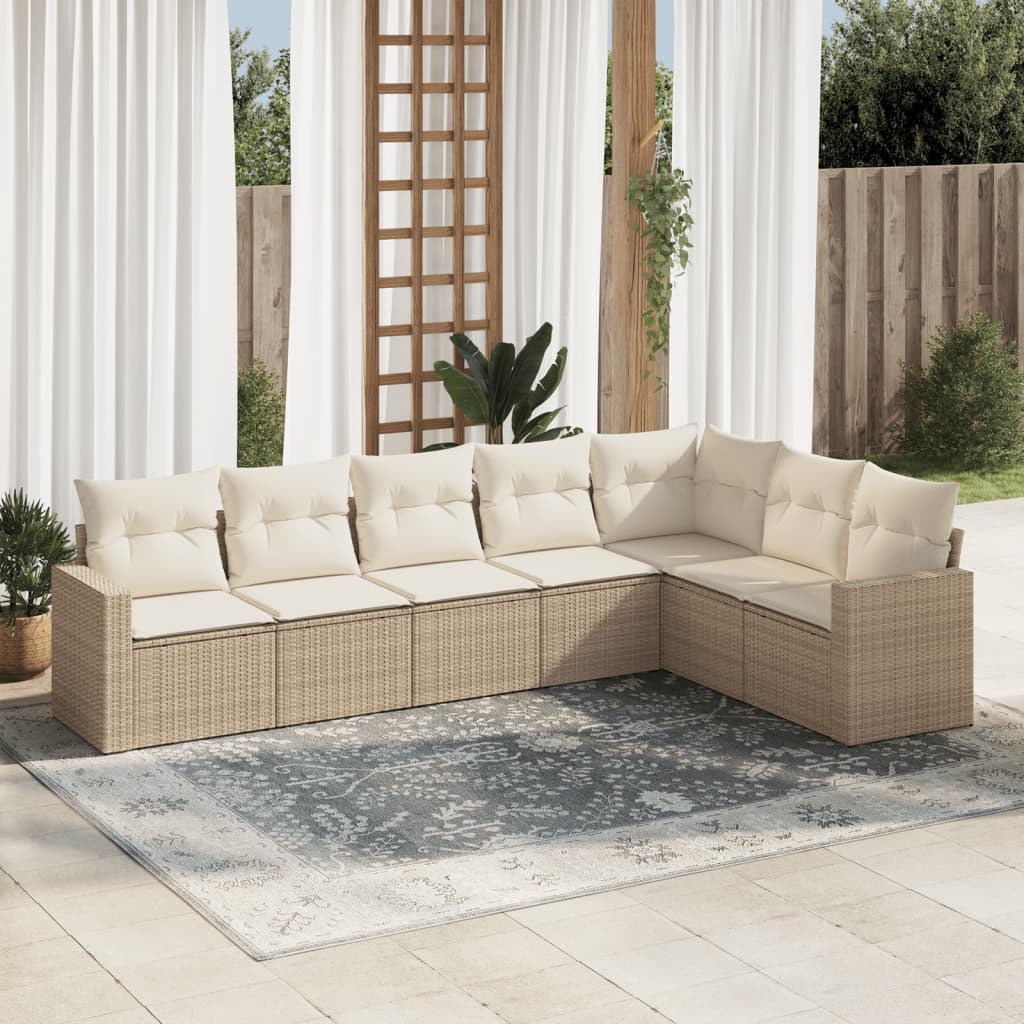 7 Pcs conjunto de sofás p/ jardim com almofadões vime PE bege