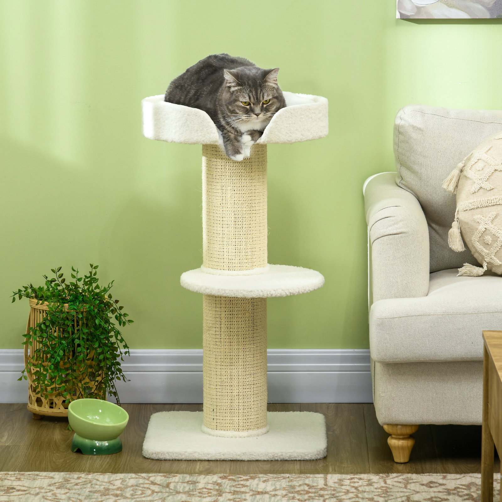 Arranhador para gatos altura 91 cm de 3 níveis com ninho plataforma e poste de sisal 45x45x91 cm creme