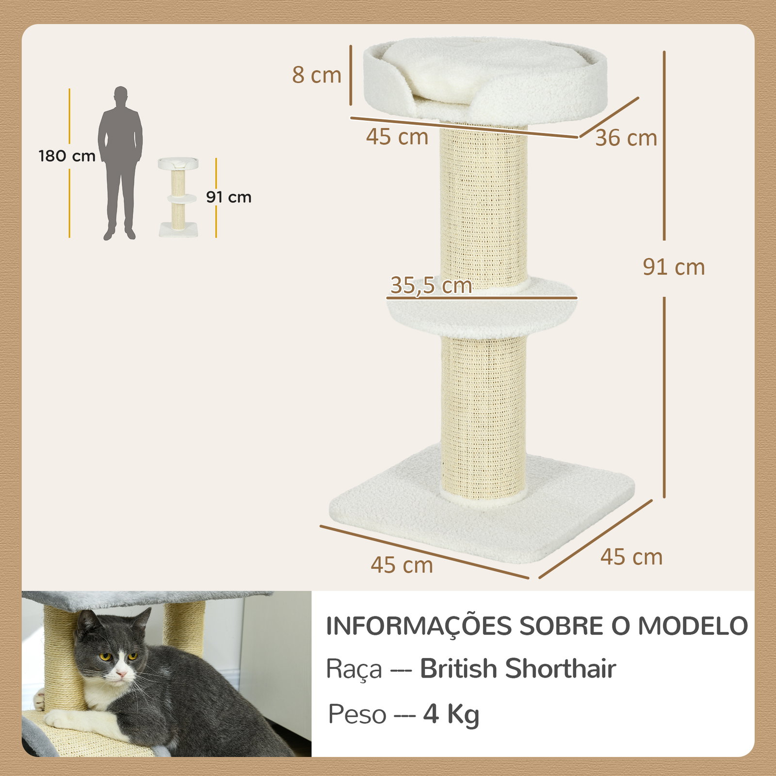 Arranhador para gatos altura 91 cm de 3 níveis com ninho plataforma e poste de sisal 45x45x91 cm creme