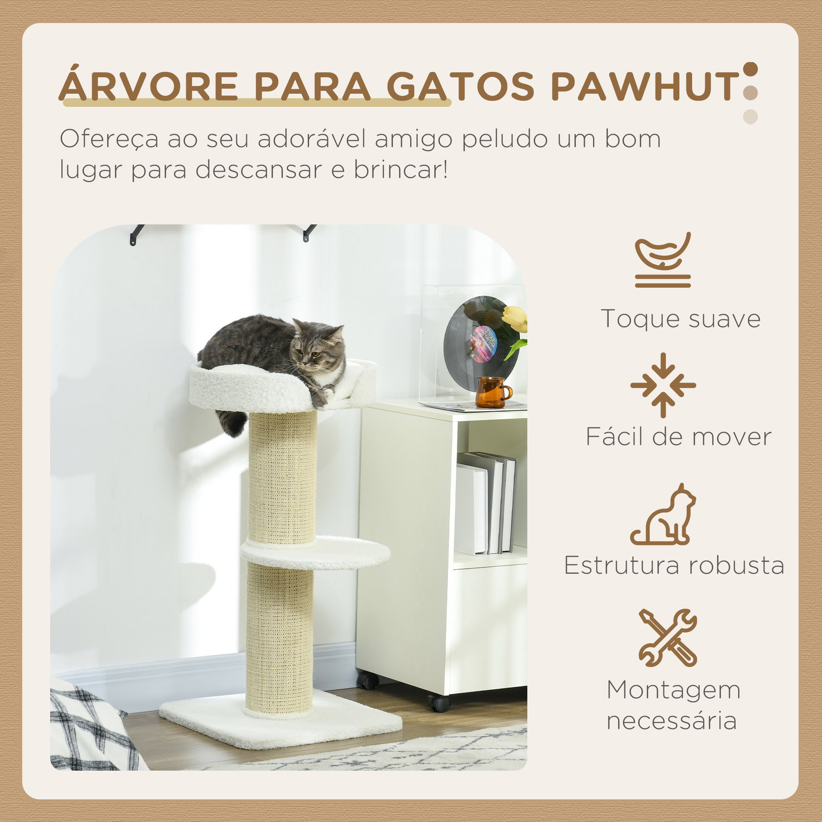 Arranhador para gatos altura 91 cm de 3 níveis com ninho plataforma e poste de sisal 45x45x91 cm creme