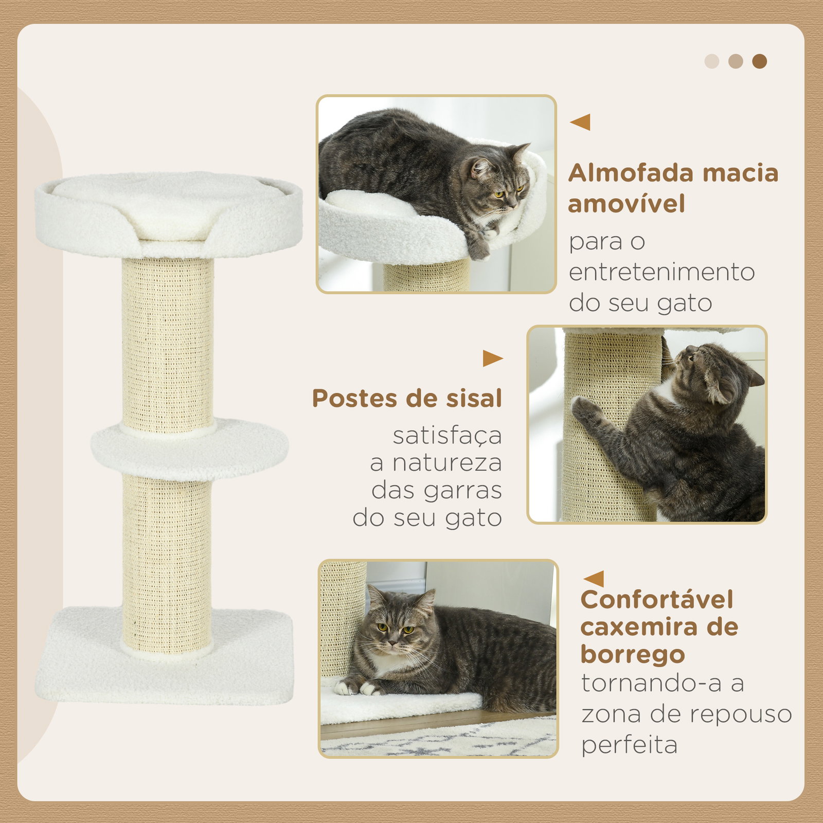 Arranhador para gatos altura 91 cm de 3 níveis com ninho plataforma e poste de sisal 45x45x91 cm creme