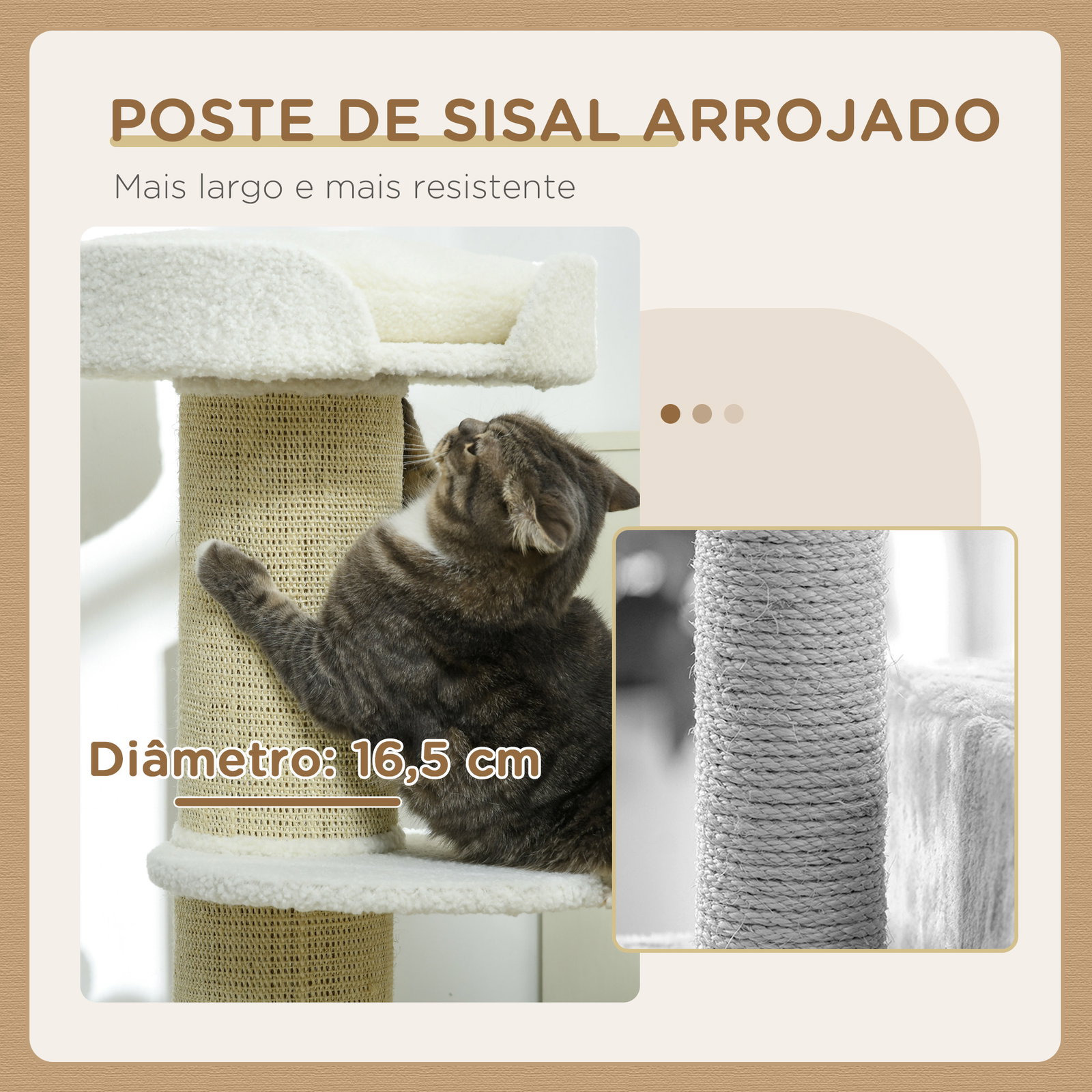 Arranhador para gatos altura 91 cm de 3 níveis com ninho plataforma e poste de sisal 45x45x91 cm creme