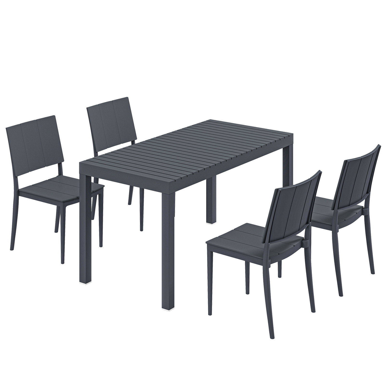 Conjunto de mesa e cadeiras de jardim com mesa de ripas e 4 cadeiras empilháveis para terraço ou pátio cinzento