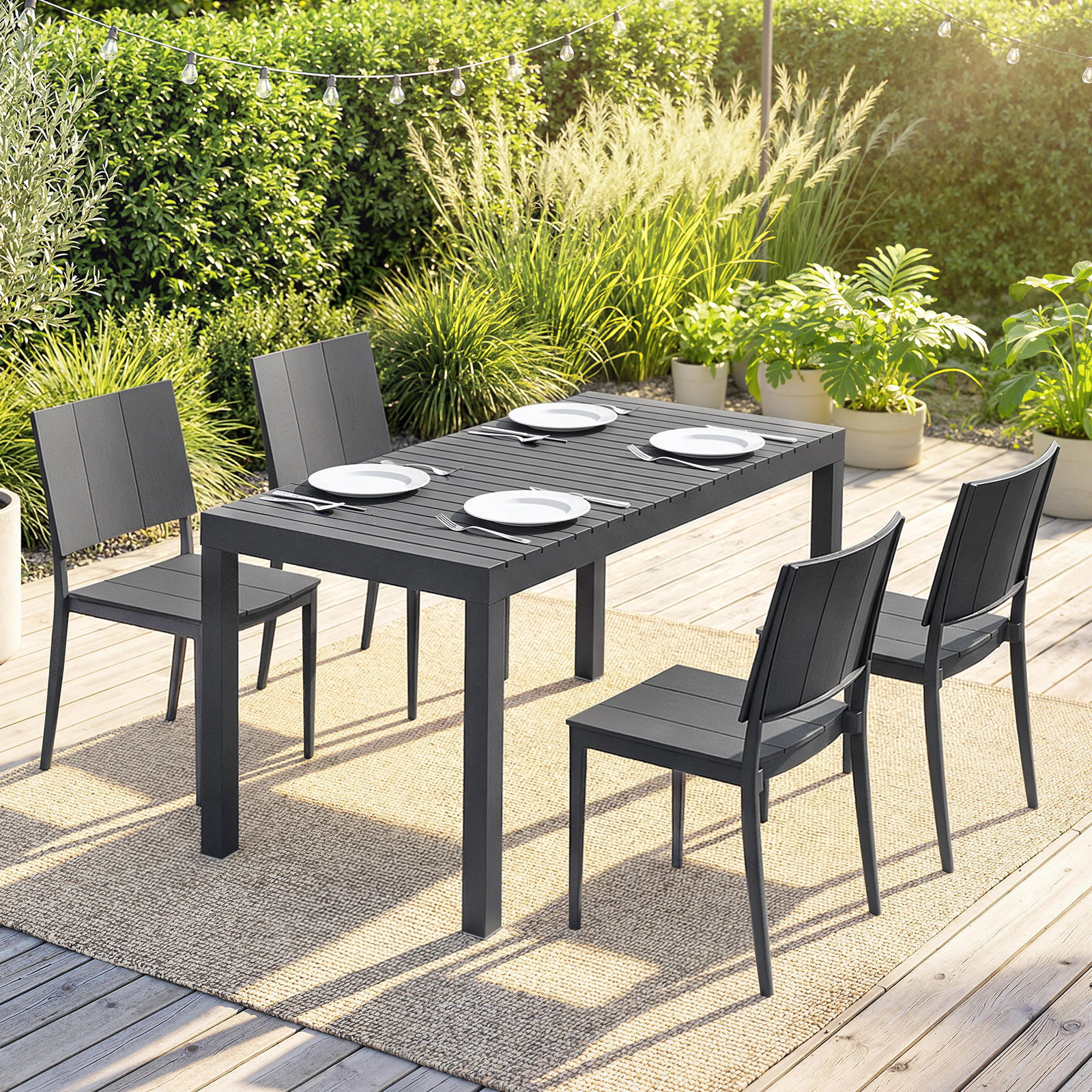 Conjunto de mesa e cadeiras de jardim com mesa de ripas e 4 cadeiras empilháveis para terraço ou pátio cinzento