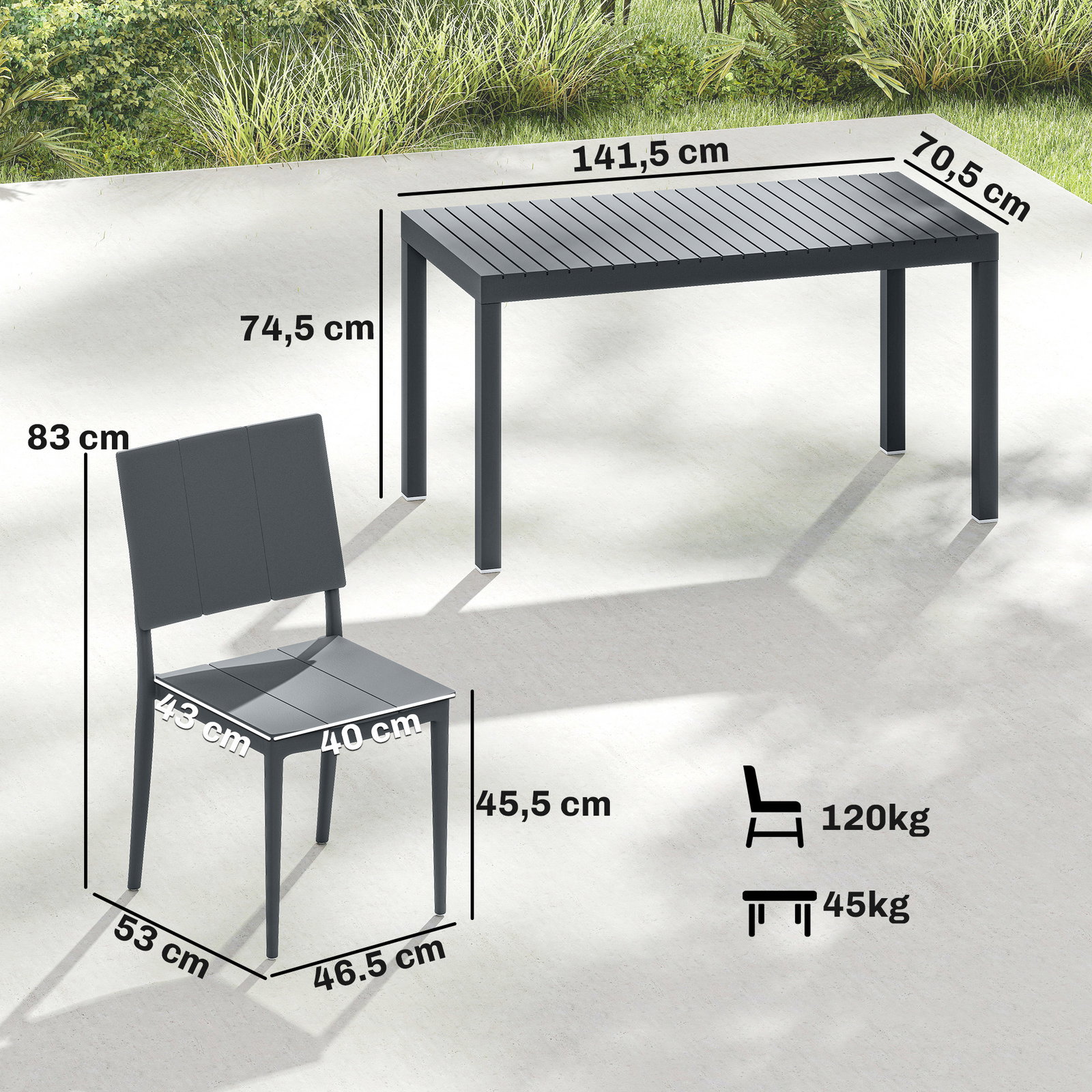 Conjunto de mesa e cadeiras de jardim com mesa de ripas e 4 cadeiras empilháveis para terraço ou pátio cinzento
