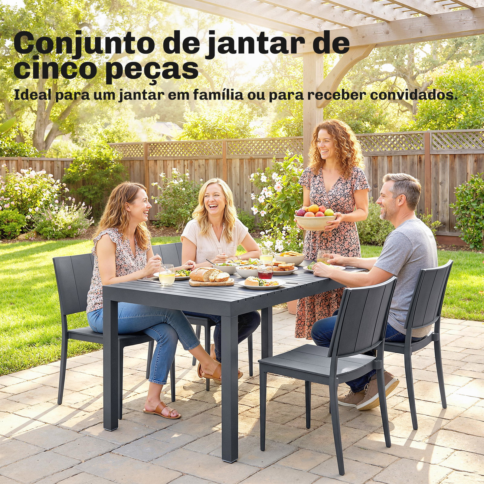 Conjunto de mesa e cadeiras de jardim com mesa de ripas e 4 cadeiras empilháveis para terraço ou pátio cinzento