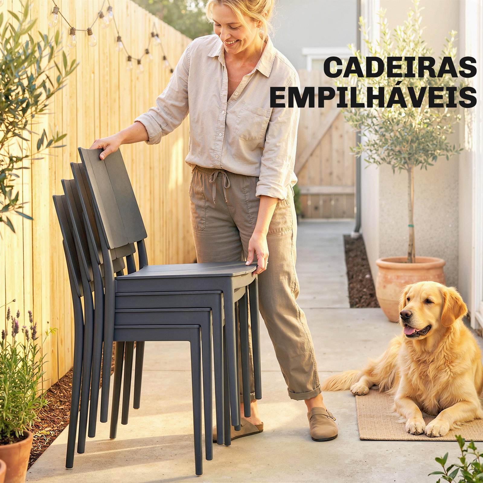 Conjunto de mesa e cadeiras de jardim com mesa de ripas e 4 cadeiras empilháveis para terraço ou pátio cinzento