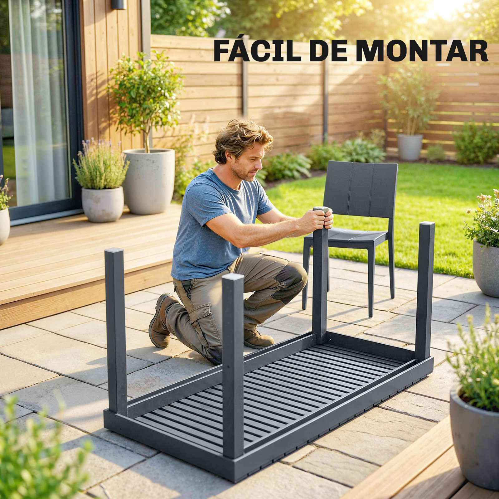 Conjunto de mesa e cadeiras de jardim com mesa de ripas e 4 cadeiras empilháveis para terraço ou pátio cinzento