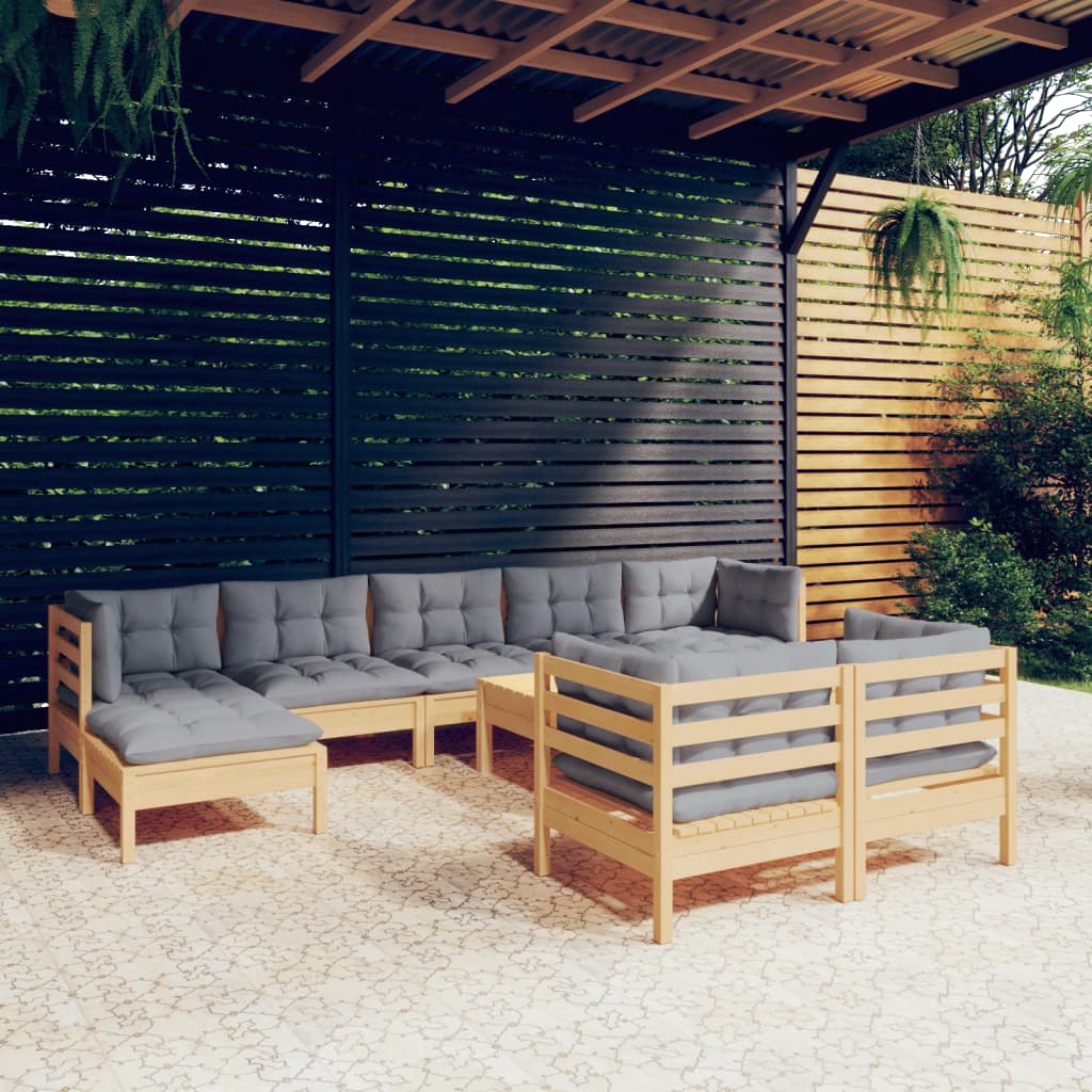 10Pcs conjunto lounge de jardim + almofadões cinza pinho maciço