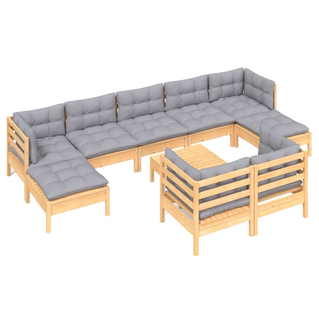 10Pcs conjunto lounge de jardim + almofadões cinza pinho maciço