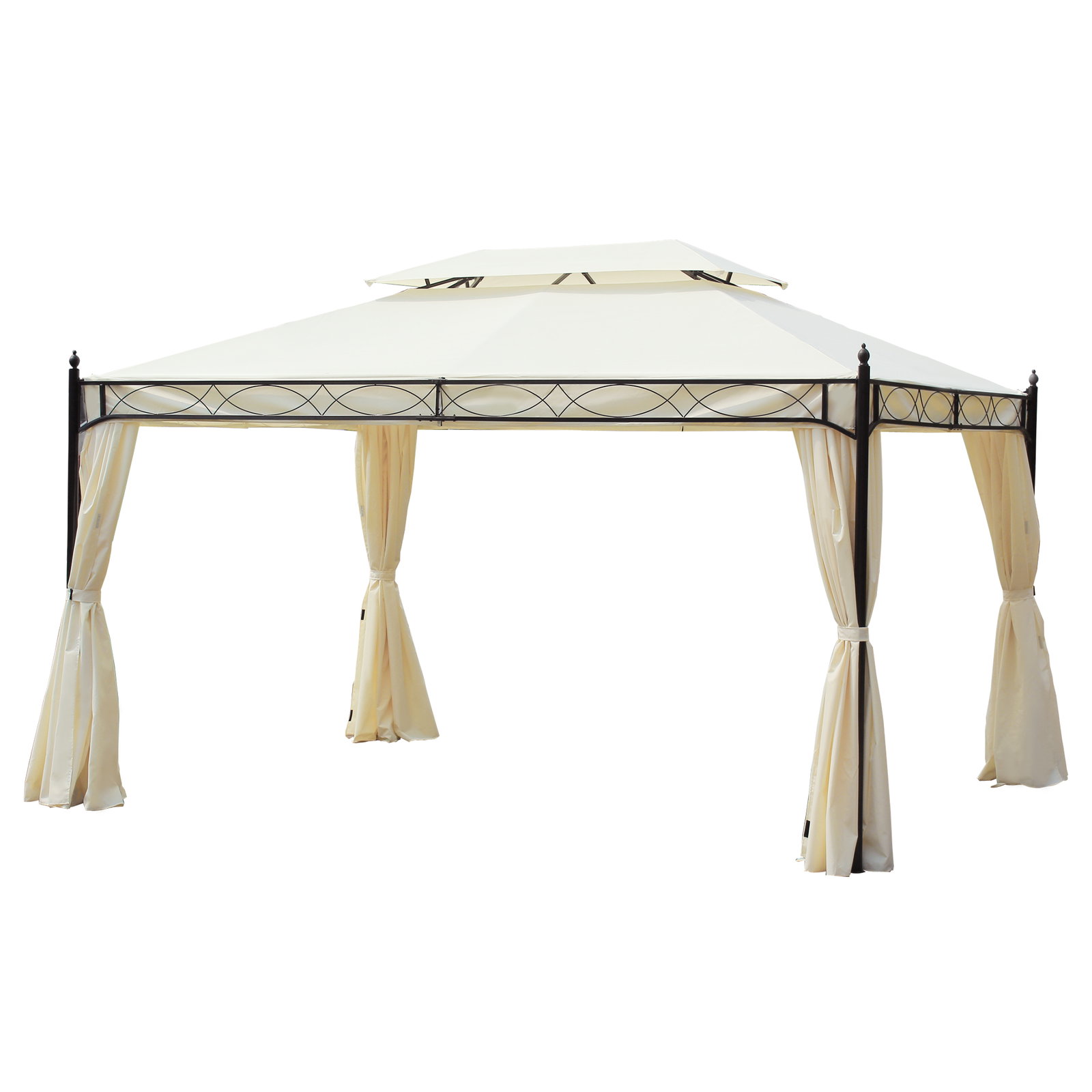 Pérgola de jardim 4x3 m com telhado duplo 4 cortinas estrutura de aço 8 orifícios de drenagem anti-UV creme