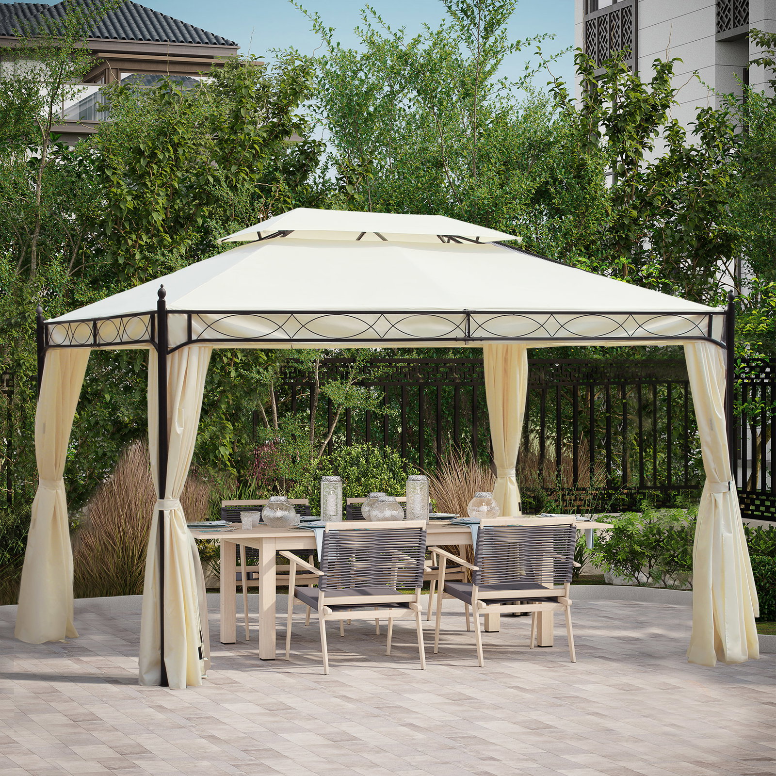 Pérgola de jardim 4x3 m com telhado duplo 4 cortinas estrutura de aço 8 orifícios de drenagem anti-UV creme