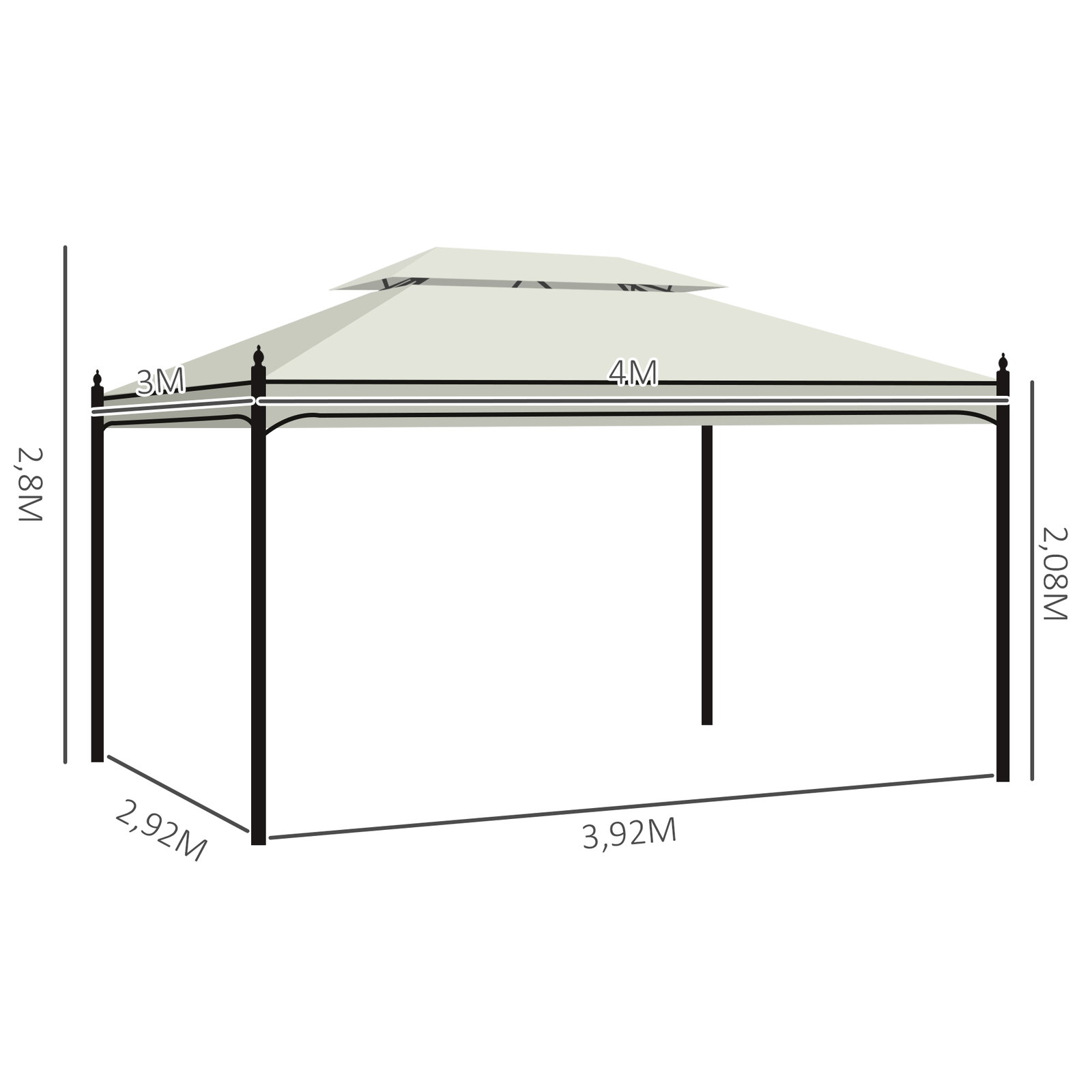 Pérgola de jardim 4x3 m com telhado duplo 4 cortinas estrutura de aço 8 orifícios de drenagem anti-UV creme