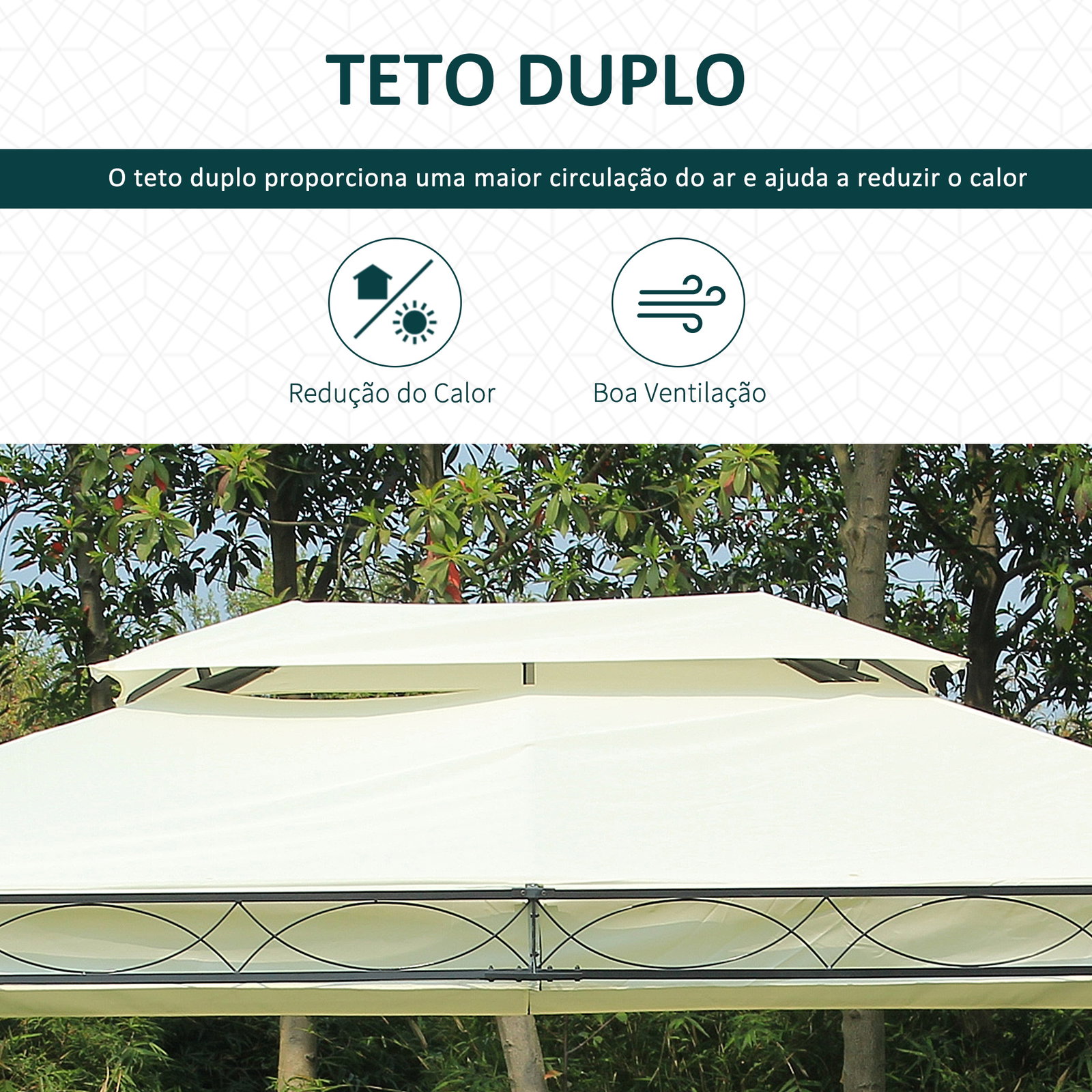 Pérgola de jardim 4x3 m com telhado duplo 4 cortinas estrutura de aço 8 orifícios de drenagem anti-UV creme