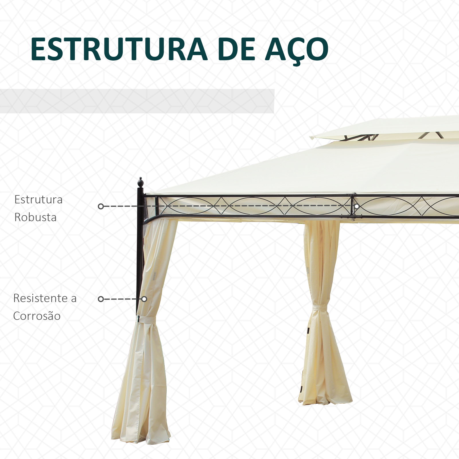 Pérgola de jardim 4x3 m com telhado duplo 4 cortinas estrutura de aço 8 orifícios de drenagem anti-UV creme
