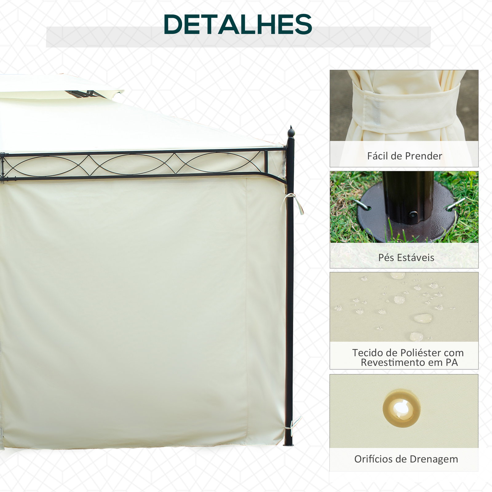 Pérgola de jardim 4x3 m com telhado duplo 4 cortinas estrutura de aço 8 orifícios de drenagem anti-UV creme