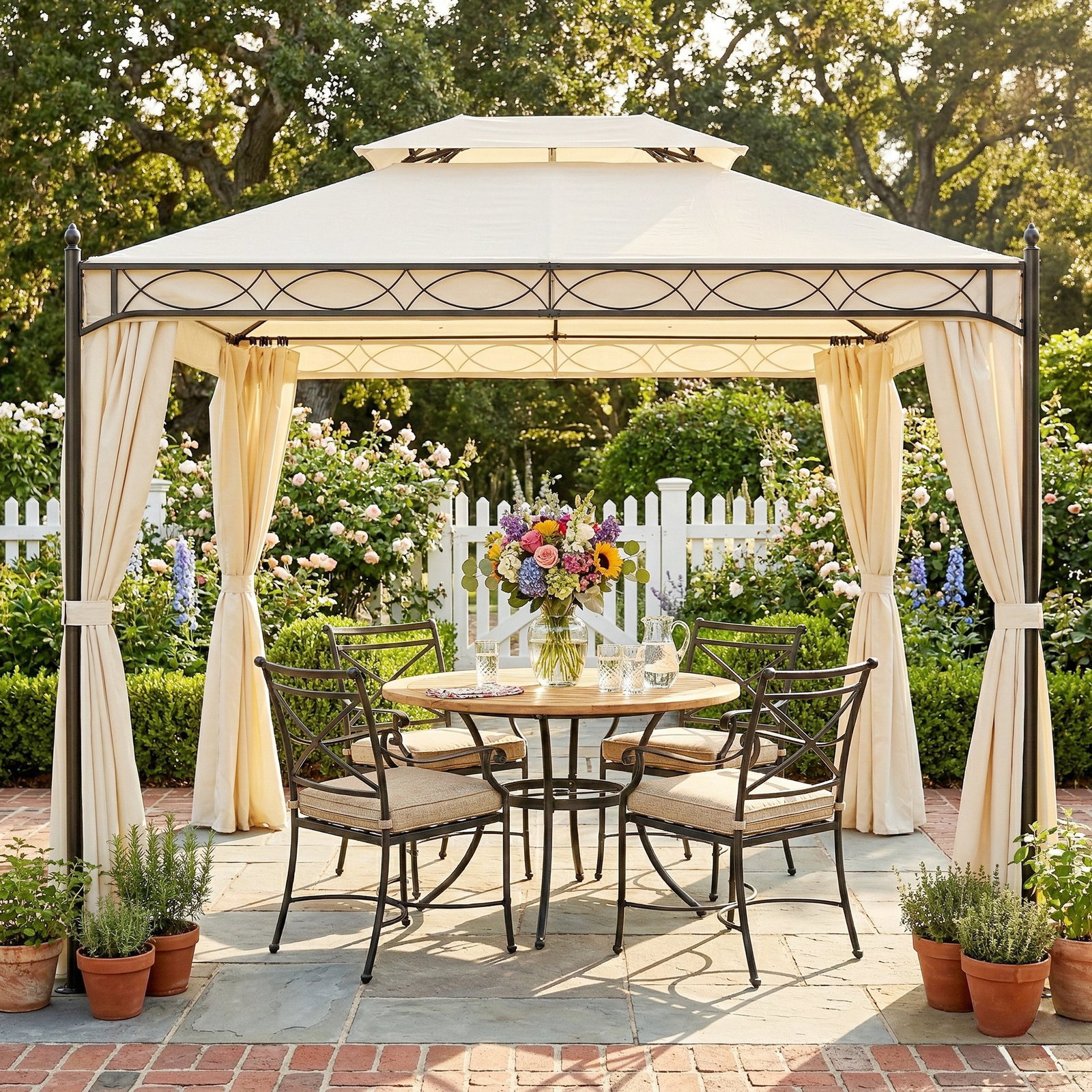 Pérgola de jardim 4x3 m com telhado duplo 4 cortinas estrutura de aço 8 orifícios de drenagem anti-UV creme